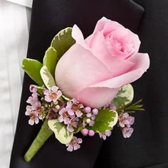 a boutonniere with pink flowers and greenery on it's lapel