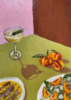 a painting of food on a table with a glass of wine and plate of fruit