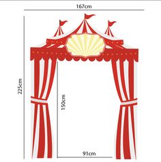 a red and white circus tent with the measurements for it's walls, width