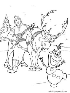 the frozen princess and her friend are playing guitar together in this coloring page for kids