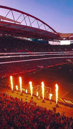 a stadium filled with lots of people watching a soccer game at night, lit up by torches