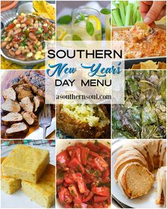 the southern new year's day menu with pictures of different foods and desserts