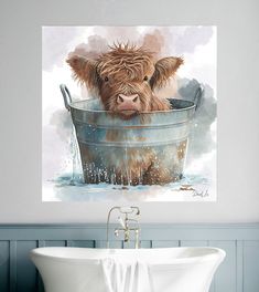 a painting of a cow in a bath tub