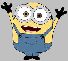 a cartoon minion wearing overalls and holding his arms in the air with one hand