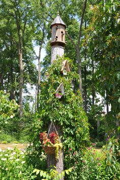 a birdhouse is surrounded by greenery and flowers