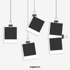 three polaroid frames hanging from strings with the text free photoshopped on them