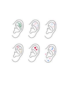 six different types of ear shapes with hearts and stars on the ears, all drawn in one line