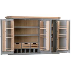 an open cabinet with wooden shelves and drawers