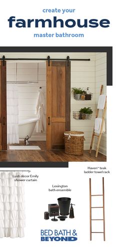 a bathroom with white walls and wooden doors