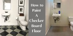 a bathroom with black and white checkered flooring