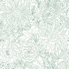 a white and green floral wallpaper with lots of flowers