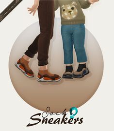 two people standing next to each other in front of a white circle with the words sneakers on it