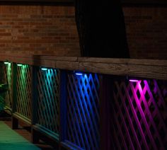 colorful lights on the side of a building next to a tree and plant in front of a brick wall