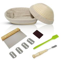 the tools needed to make a dog bed are laid out on a white surface, including an oven mitt and spatula