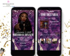 two cell phones with the birthday flyer on them