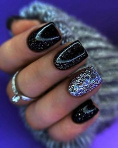 ♥ 2023 Nail Designs Black, Black And Grey Acrylic Nails Short, Black Tie Pedicure, Black New Year Nail Designs, Black Fancy Nails Sparkle, Black Nails With Glitter Silver Sparkle French Manicures, Black Xmas Nails Short, Black Square Nails With Glitter, Black Winter Nails Acrylic