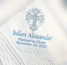 "A special keepsake baptism blanket. Personalized for you and beautifully embroidered with the special child's name, baptism date, and cross. Cotton quilt features all-over quilted medallion design and scalloped edge. Suitable as a gift for the new baby, as baptism or christening gift, dedication ceremony, adoption ceremony and more! Fully personalized for you with the embroidered designs of your choice. Add baby's name and birth stats with the monogram style of your choice. What a special keeps Towel Embroidery, Embroidery Gifts, Birth Stats, Thread Colors