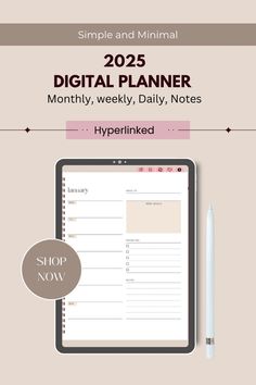 the digital planner is displayed on a tablet with a pen and pencil next to it