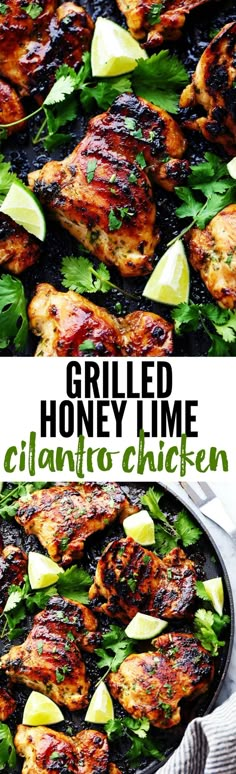 grilled honey lime chicken with cilantro and green garnish in a skillet