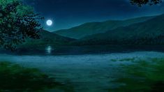 a painting of a lake at night with the moon in the sky