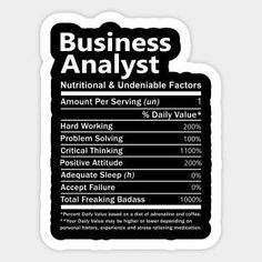 the label for business analyst sticker is shown in black and white, with an image of