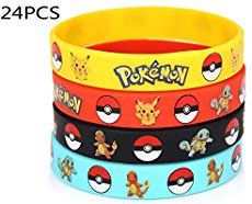 four different colored bracelets with pokemon characters on them, all stacked up in the same row