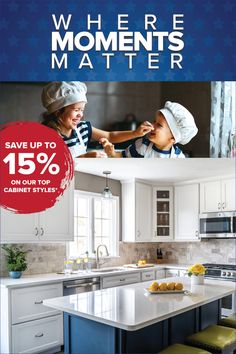 an ad for the home depot shows two children in kitchen with white cabinets and blue countertops