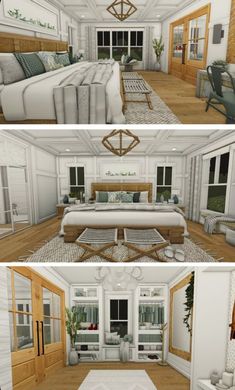 three different views of a living room with couches, tables and other furniture in it