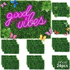 the words good vibes are surrounded by grass and butterfly's in pink neon letters