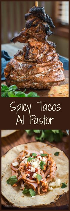 some food that is sitting on top of a wooden table with the words spicy tacos al