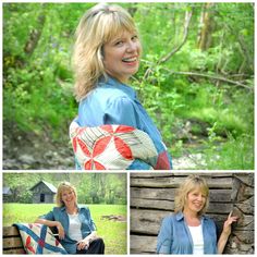 a woman sitting on a wooden bench in the woods and smiling at the camera while holding a quilt