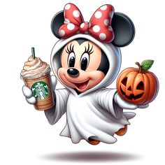 a cartoon character dressed as minnie mouse holding a starbucks drink and pumpkin with both hands