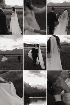 black and white pictures of people in wedding dresses, with one person holding the bride's veil