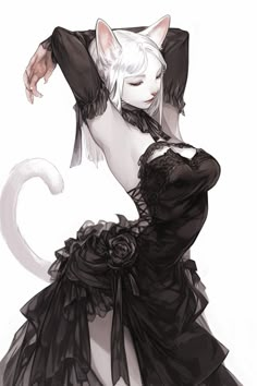 a drawing of a woman in a black dress with a cat on her head and hands behind her back