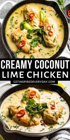 thai coconut lime chicken in a skillet with sauce and garnish on the side