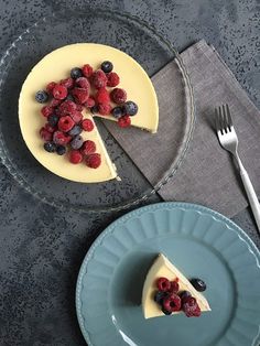 two plates with slices of cheesecake and berries on them