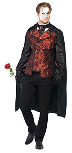 a man in a red and black suit with white face paint on his face is holding a rose