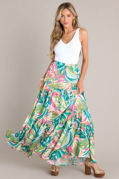 Oceanic Mirage Teal Tropical Print Maxi Skirt Brunch Dates, Midi Wrap Skirt, White Maxi Skirts, Print Maxi Skirt, China Design, Printed Maxi Skirts, Floral Print Skirt, White Maxi, Tropical Paradise