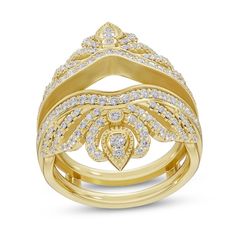 a yellow gold ring with white diamonds on the sides and an open design in the middle