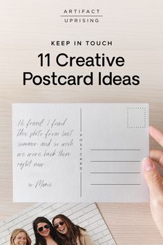 two women holding up a postcard with the text keep in touch 11 creative postcard ideas