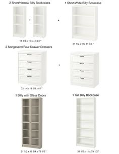 an image of white bookcases and drawers with measurements for each shelf in the same room