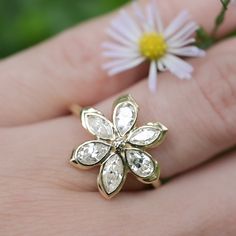 a close up of a person's hand with a flower ring on it