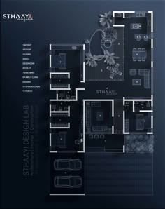 the floor plan for an apartment building with three floors and two car garages on each side