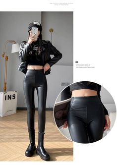 Romildi Women Autumn New Fleece Matte PU Leather Pants Leggings Elasti – Moxge&Romildi Solid High-waisted Leather Pants For Winter, Stretch High-waisted Winter Pants, Winter Trousers Leggings, High Waist High Stretch Pants For Winter, High Waist High Stretch Winter Pants, High Waist Non-stretch Winter Pants, Trendy High Stretch Winter Leggings, Winter High-waisted Stretch Leggings, Tight Black Bottoms For Winter