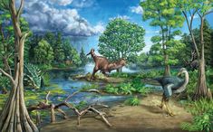 an artist's rendering of dinosaurs in the forest