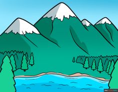 a drawing of mountains with trees and water