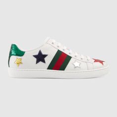 Ace embroidered sneaker Tenis Gucci, Metallic Shoes, Buy Gucci, Star Shoes, Pearl Leather, Puma Sneakers, Star Sneakers, Leather Trainers