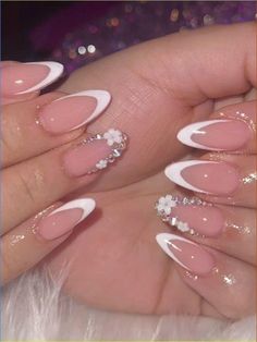 White French Tip Almond Nails With Flower, Cute Almond Nails White, Nail Ideas Gel X Almond, Nails Small Almond, Almond Nails With 3d Flower, Diamond Almond Nails, French Tip Nails Styles, White French Almond Nails, Nails Simple Almond