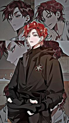 an anime character with red hair standing in front of another character wearing black clothes and holding his hands on his hips