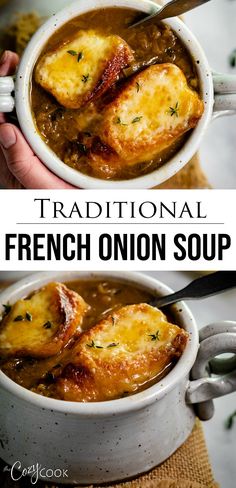 two pictures of french onion soup with bread in it and the words best ever on top